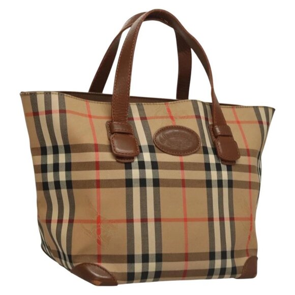 Burberrys Nova Check Hand Bag Canvas Beige Gold Auth 117637 - Picture 1 of 16
